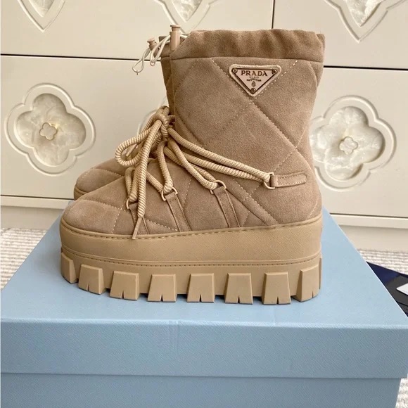 Prada Women's Tan Quilted Platform Boots